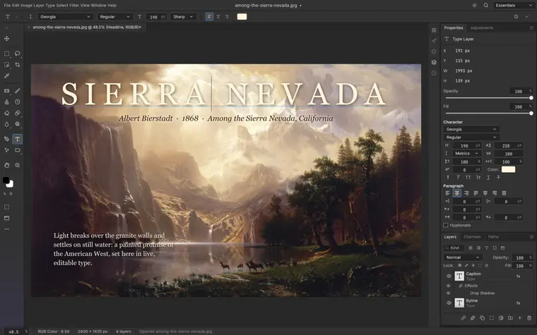比尔斯塔特的《内华达山脉》中，标题 SIERRA NEVADA 正在画布上以 Georgia 字体编辑，配有一个署名行与一段正文说明